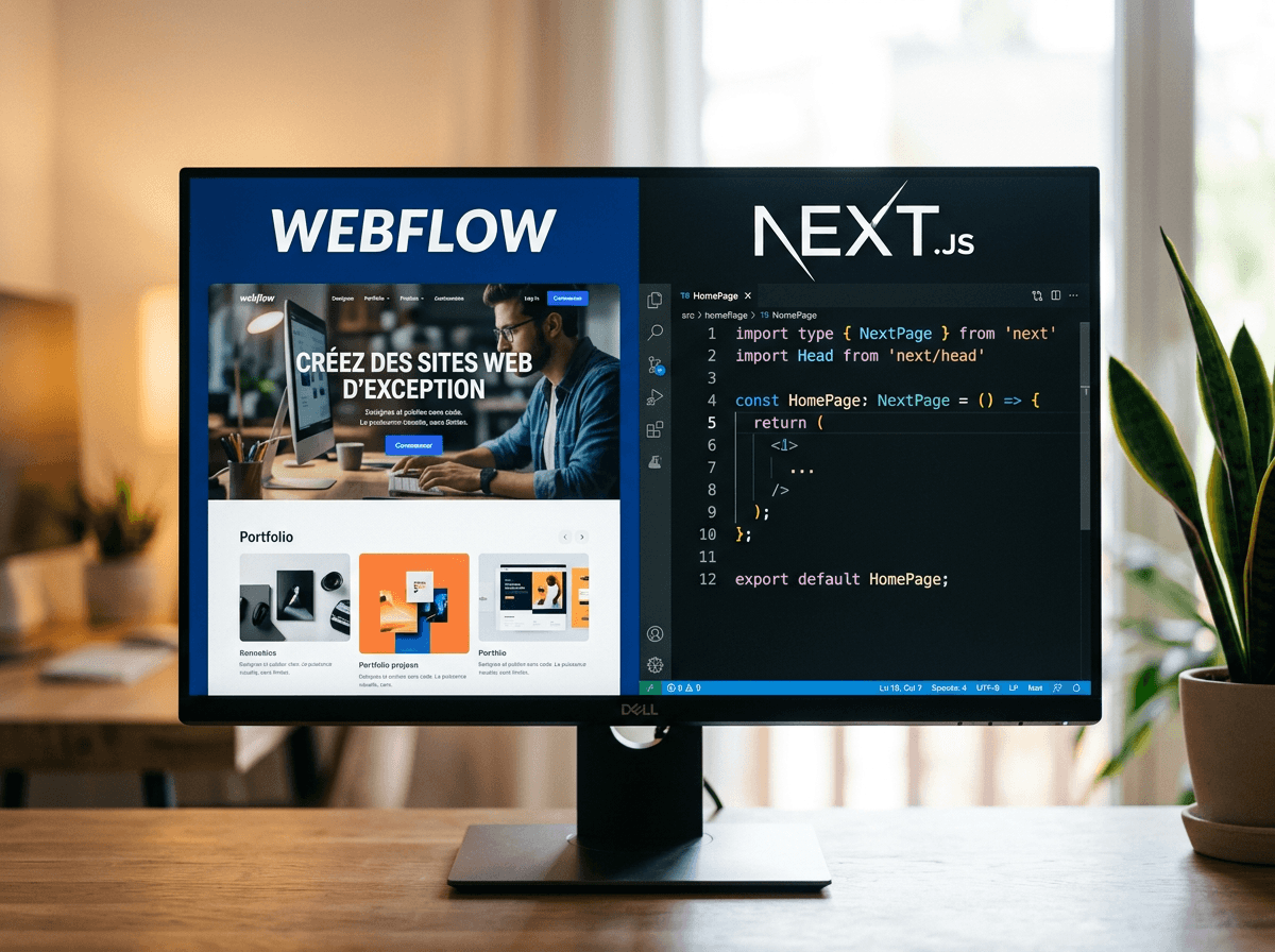 Un écran partagé en deux, l'éditeur visuel Webflow à gauche et du code Next.js à droite, sur un bureau en bois