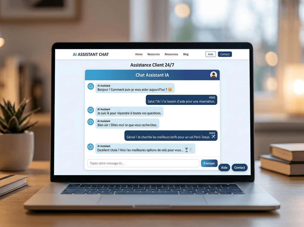 Chatbot IA intégré à un site web, répondant à un visiteur en conversation