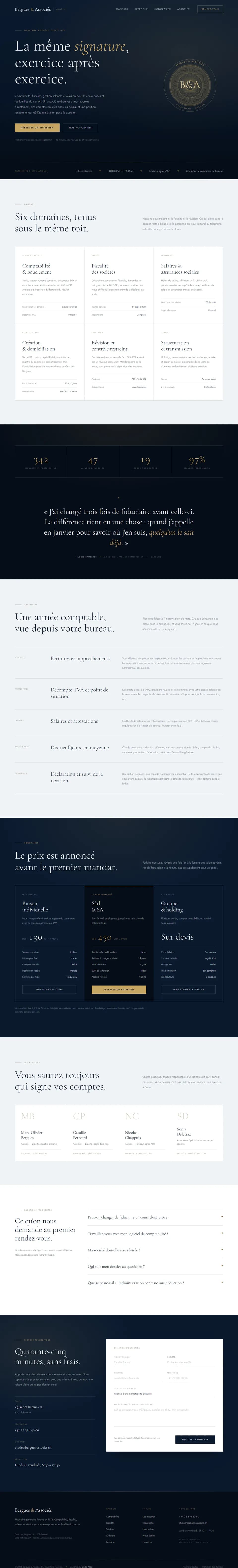 Template Fiduciaire — accueil d'un cabinet comptable, typographie serif sur fond sombre